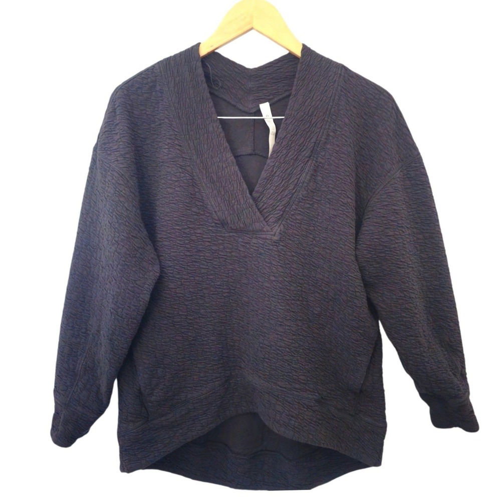 Lululemon Rippled V-Neck Pullover Sweatshirt Black Slouchy Hi Low Hem Womens 2/M